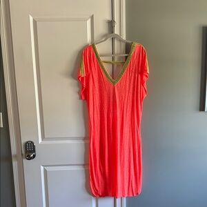 PITUSA Neon Coral V-Neck Cover-Up with Embroidered Trim
